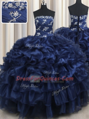 Decent Navy Blue Lace Up Strapless Appliques and Ruffles and Pick Ups Quinceanera Dress Organza Sleeveless