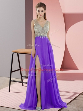 Pretty Lavender V-neck Neckline Beading Prom Evening Gown Sleeveless Zipper