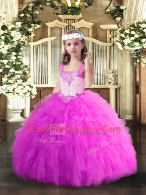 Fuchsia Ball Gowns Tulle Straps Sleeveless Beading and Ruffles Floor Length Lace Up Pageant Dress for Teens