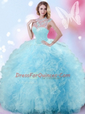 Light Blue Ball Gowns Tulle High-neck Sleeveless Beading and Ruffles and Pick Ups Floor Length Zipper 15 Quinceanera Dress