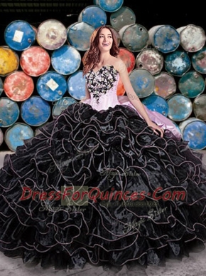 Black Ball Gowns Beading and Ruffles and Pick Ups Vestidos de Quinceanera Lace Up Organza Sleeveless Floor Length