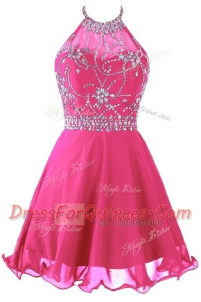 Superior Hot Pink Prom Gown Prom and Party and For with Beading Halter Top Sleeveless Zipper