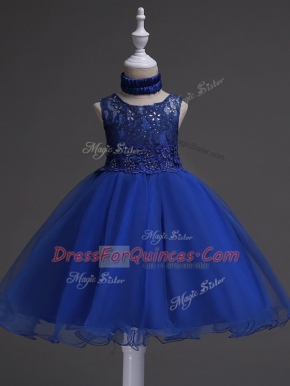 Royal Blue Ball Gowns Organza Scoop Sleeveless Beading and Lace Knee Length Zipper Little Girl Pageant Dress