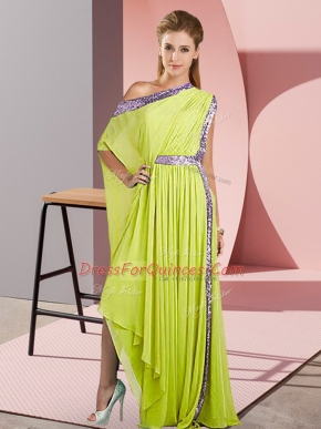 Yellow Green Chiffon Side Zipper One Shoulder Sleeveless Asymmetrical Homecoming Dress Sequins
