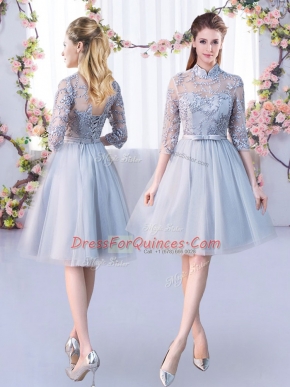 High-neck Half Sleeves Tulle Quinceanera Court of Honor Dress Lace and Belt Lace Up
