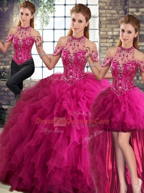 Fuchsia Tulle Lace Up Sweet 16 Dresses Sleeveless Floor Length Beading and Ruffles