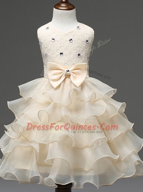 Champagne Ball Gowns Scoop Sleeveless Organza Knee Length Zipper Lace and Ruffled Layers and Bowknot Little Girls Pageant Gowns