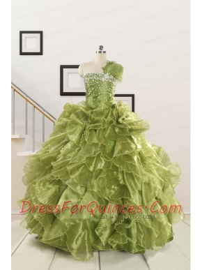 Inexpensive Olive Green Dresses for Quince with Beading and Ruffles