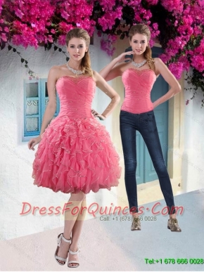 Detachable 2015 Strapless Watermelon Prom Dress with Beading and Ruffles