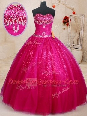 Tulle Sweetheart Sleeveless Lace Up Beading and Sequins Sweet 16 Quinceanera Dress in Fuchsia