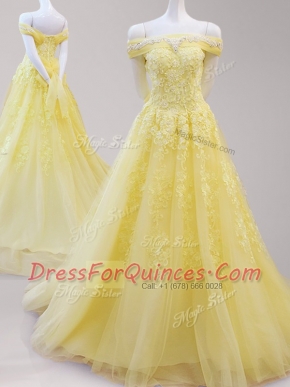 Yellow Off The Shoulder Lace Up Beading and Appliques Evening Dress Cap Sleeves