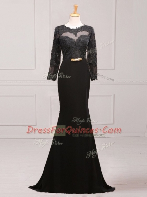 Black Prom Evening Gown Scoop Long Sleeves Brush Train Side Zipper