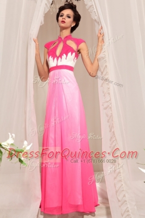 Vintage Hot Pink Chiffon Zipper High-neck Sleeveless Floor Length Beading