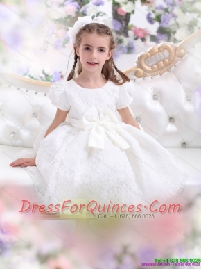 Adorable Lace 2015 White Little Girl Pageant Dress with Short Sleeves and Bownot