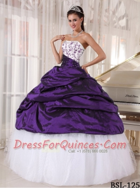 Beautiful Embroidery Taffeta Strapless White and Purple Beading Ball Gown Dress