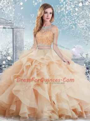 Pretty Peach Clasp Handle Sweet 16 Quinceanera Dress Beading and Ruffles Sleeveless Floor Length