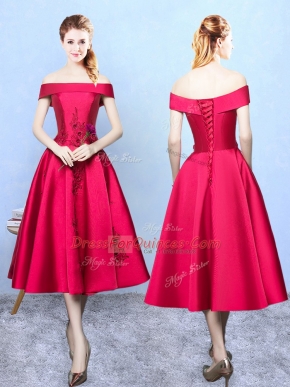 Wine Red Cap Sleeves Appliques Tea Length Court Dresses for Sweet 16