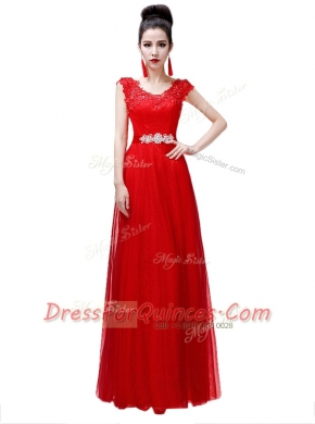 Coral Red Empire Chiffon Scoop Cap Sleeves Beading Floor Length Lace Up Homecoming Dress