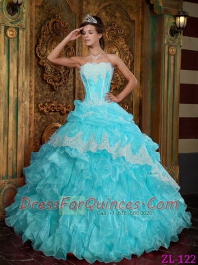 Baby Blue Ball Gown Strapless Pretty Quinceanera Dresses  with Ruffles Organza