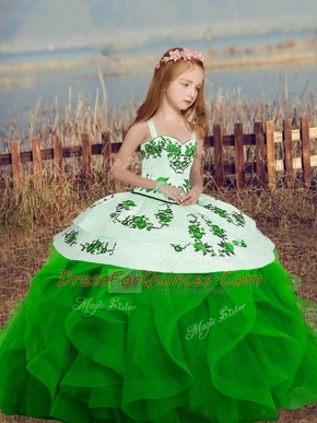 Trendy Straps Sleeveless Organza Girls Pageant Dresses Embroidery and Ruffles Lace Up
