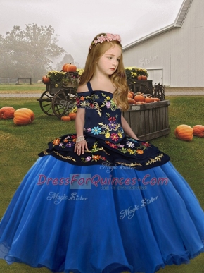 Embroidery Pageant Dresses Blue Lace Up Sleeveless Floor Length