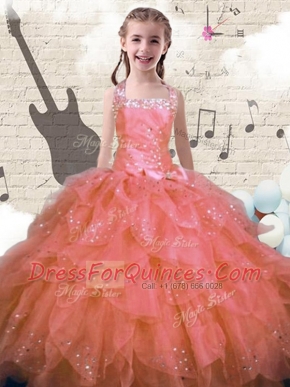 New Style Pink Ball Gowns Halter Top Sleeveless Organza Floor Length Lace Up Beading and Ruffles Flower Girl Dresses for Less