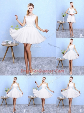 Classical White Chiffon Lace Up Quinceanera Dama Dress Sleeveless Knee Length Lace and Appliques