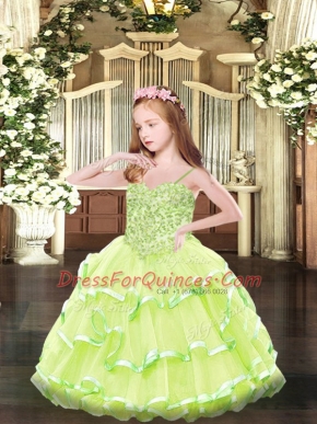 Superior Sleeveless Organza Floor Length Lace Up Child Pageant Dress in Yellow Green with Appliques