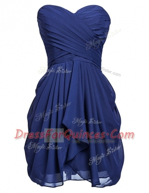 Sophisticated Navy Blue Lace Up Homecoming Dress Ruching Sleeveless Knee Length