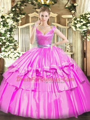 Fuchsia Zipper V-neck Beading and Ruffled Layers Vestidos de Quinceanera Tulle Sleeveless