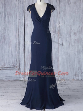 Affordable Cap Sleeves Chiffon Floor Length Side Zipper Dama Dress in Navy Blue with Lace