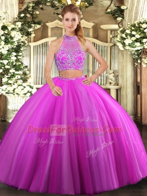 Beautiful Fuchsia Two Pieces Halter Top Sleeveless Tulle Floor Length Criss Cross Beading Quince Ball Gowns