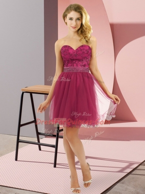 Delicate Fuchsia Zipper Beading Sleeveless Mini Length