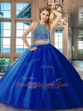 Royal Blue Backless Scoop Beading Quinceanera Gown Tulle Sleeveless