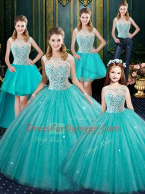 Hot Selling Lace Quinceanera Gowns Aqua Blue Lace Up Sleeveless Floor Length