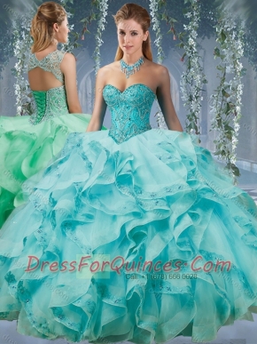 Classical Beaded and Applique Big Puffy Quinceanera Dresses in Aqua Blue