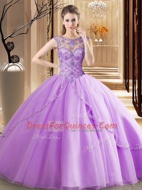 Popular Scoop Sleeveless Brush Train Lace Up Beading 15 Quinceanera Dress