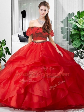 Red Tulle Lace Up Sweet 16 Dresses Sleeveless Floor Length Lace and Ruffles