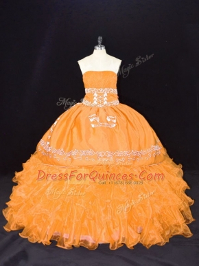 Gold Sleeveless Embroidery and Ruffles Floor Length Ball Gown Prom Dress