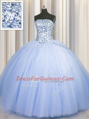 Amazing Big Puffy Blue Ball Gowns Strapless Sleeveless Tulle Floor Length Lace Up Beading and Sequins Ball Gown Prom Dress