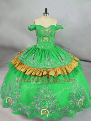 Satin Off The Shoulder Sleeveless Lace Up Embroidery Sweet 16 Quinceanera Dress in Green