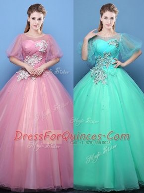 Stylish Scoop Pink and Turquoise Tulle Lace Up Quinceanera Dress Half Sleeves Floor Length Appliques