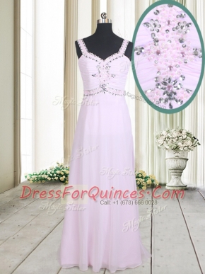 Fashionable Pink Empire Straps Sleeveless Chiffon Floor Length Zipper Beading Prom Dresses