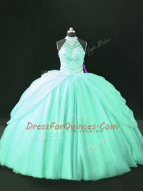 Apple Green Lace Up Halter Top Beading Ball Gown Prom Dress Tulle Sleeveless