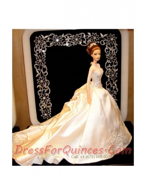 Fashion Appliques Barbie Wedding Dress With Chapel Train For Barbie Doll