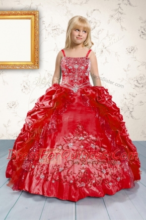 Red Ball Gowns Spaghetti Straps Sleeveless Satin Floor Length Lace Up Beading and Appliques and Pick Ups Little Girl Pageant Dress