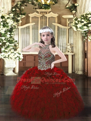 Beauteous Ball Gowns Kids Formal Wear Wine Red Halter Top Organza Sleeveless Floor Length Lace Up