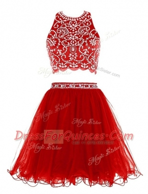 Stunning Red Empire Scoop Sleeveless Chiffon Mini Length Clasp Handle Beading Prom Gown
