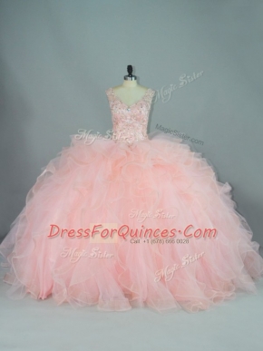 Inexpensive Tulle V-neck Sleeveless Lace Up Ruffles Sweet 16 Dress in Peach