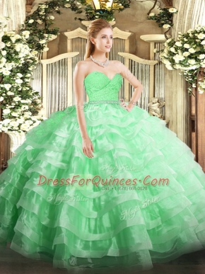 Floor Length Zipper Quinceanera Gowns Apple Green for Military Ball and Sweet 16 and Quinceanera with Beading and Lace and Ruffled Layers